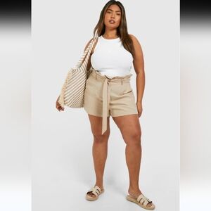 NWOT AVA VIV High Waist Belted Beige/Tan Paper Bag Linen Blend Shorts Sz 20W